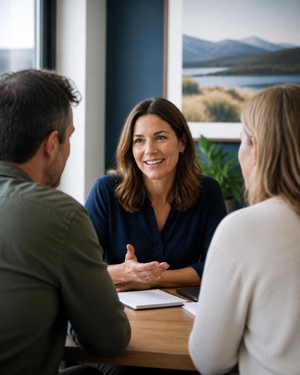 A Marble Life adviser in conversation with a New Zealand couple across a table in a bright advisory office