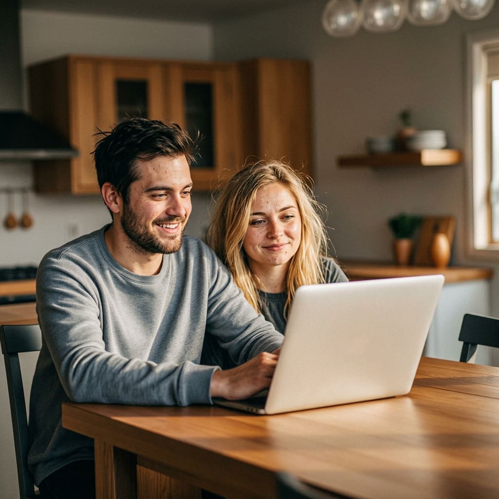 A young New Zealand couple reviewing their KiwiSaver retirement savings on a laptop at a kitchen table