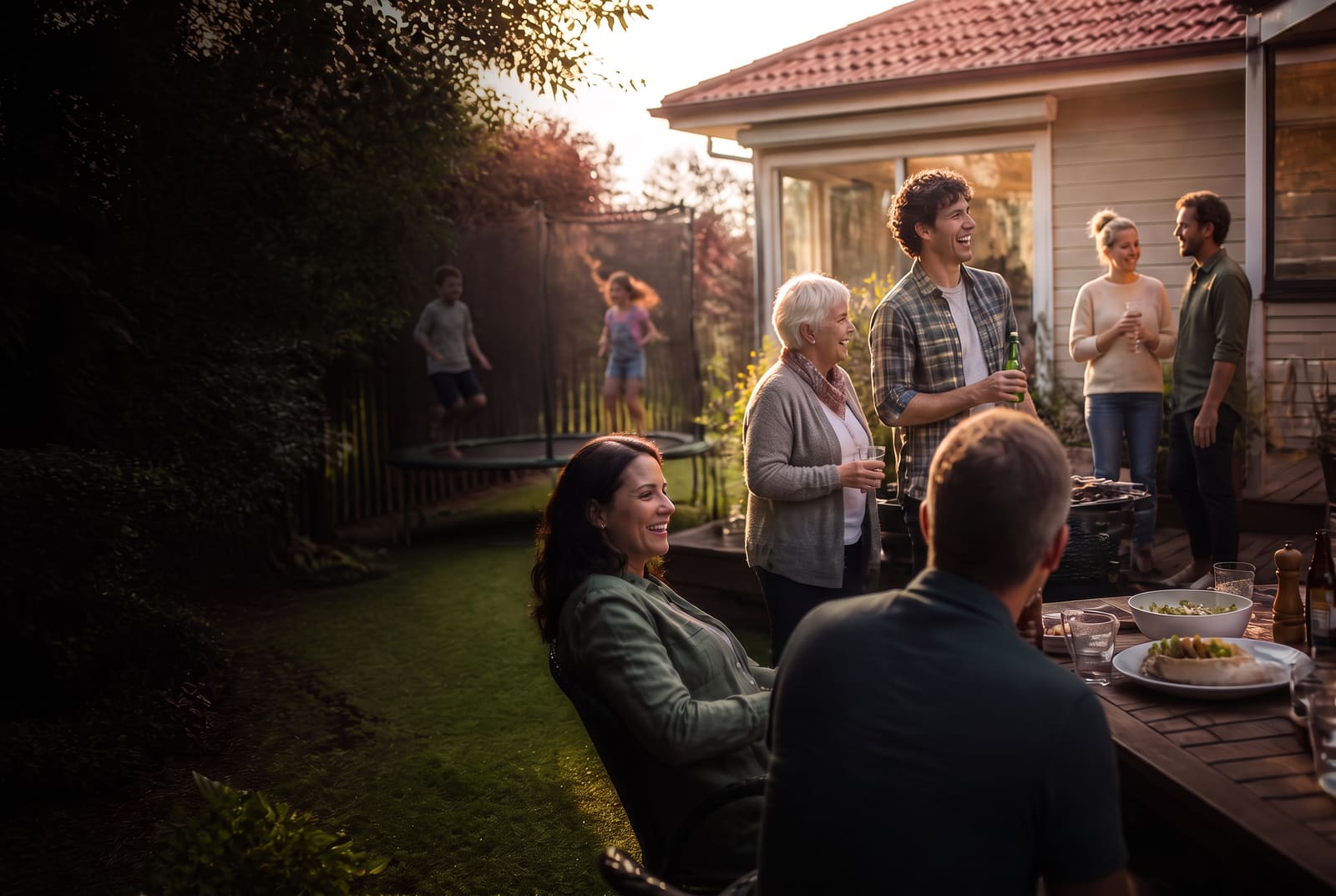 A multigenerational New Zealand family and friends sharing a backyard barbecue while children play on a trampoline