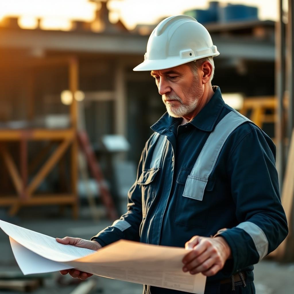 A senior New Zealand tradesperson reviewing plans on a job site at golden hour