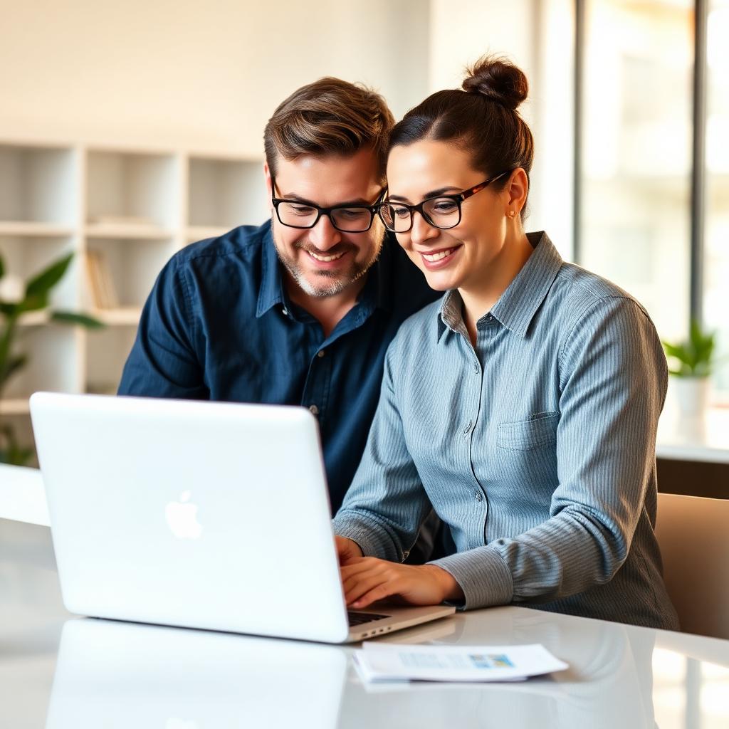 A New Zealand business owner and employee reviewing KiwiSaver retirement savings on a laptop in a bright modern office