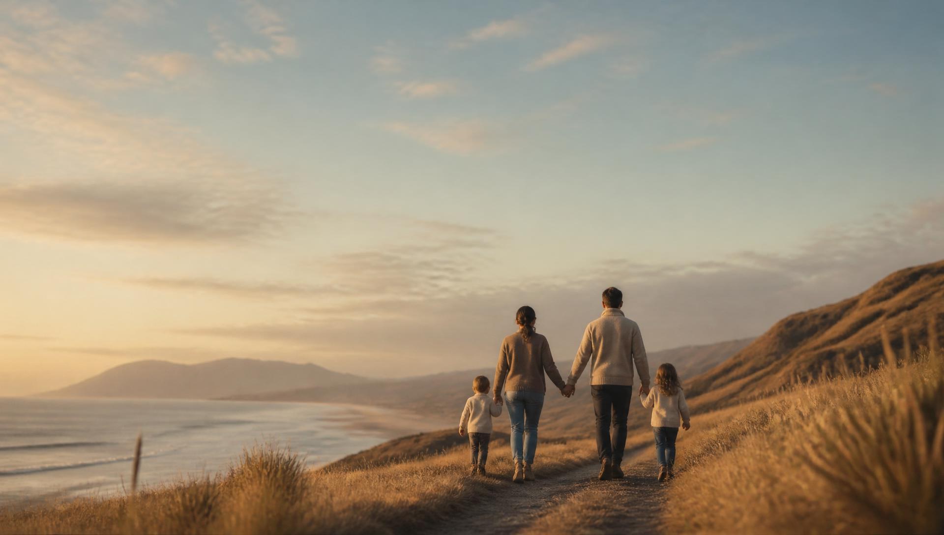 A New Zealand family walking together along a coastal path at golden hour