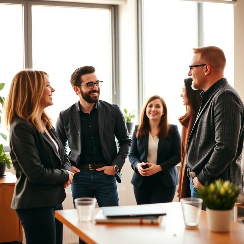 Small business team in conversation in a bright modern workspace