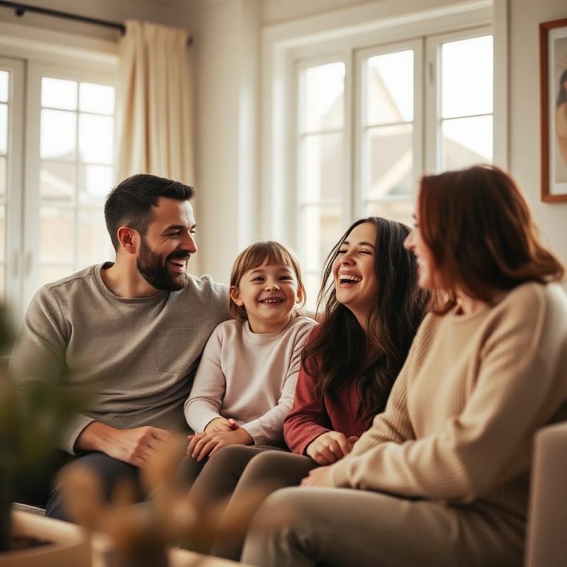 New Zealand family laughing together in a warm, sunlit living room