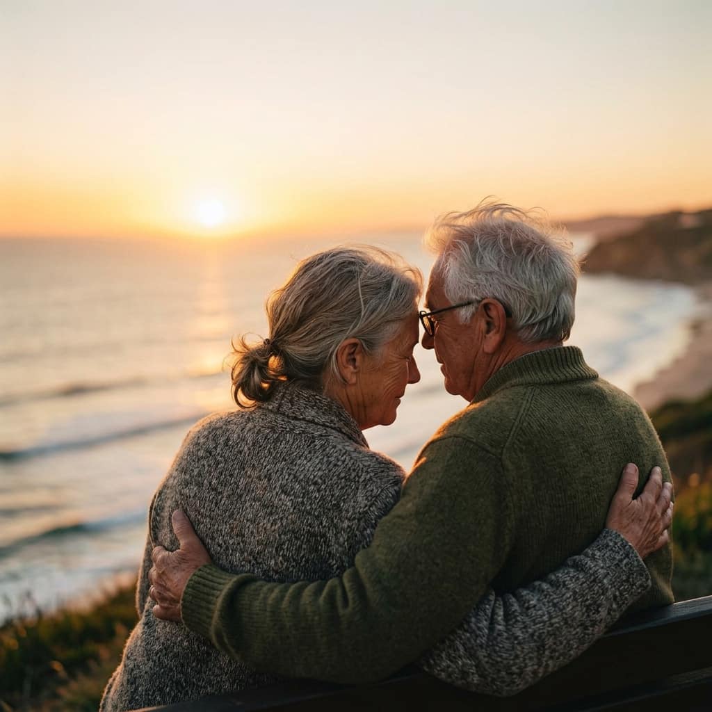 Older New Zealand couple watching the sunset together on the coast