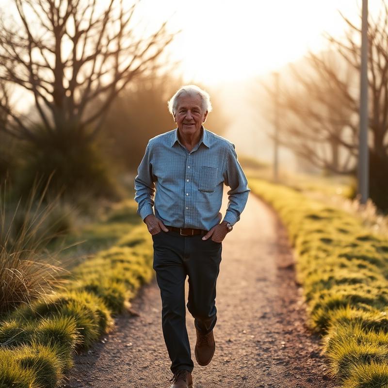 Older New Zealander walking outdoors in soft morning light