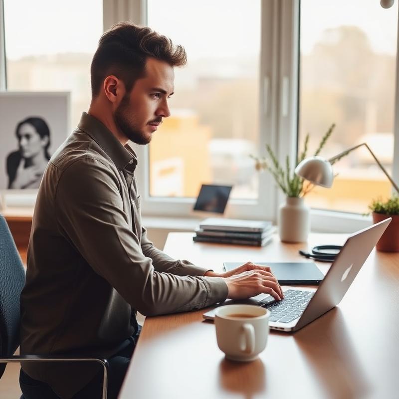Professional working at a light-filled desk with a laptop and coffee
