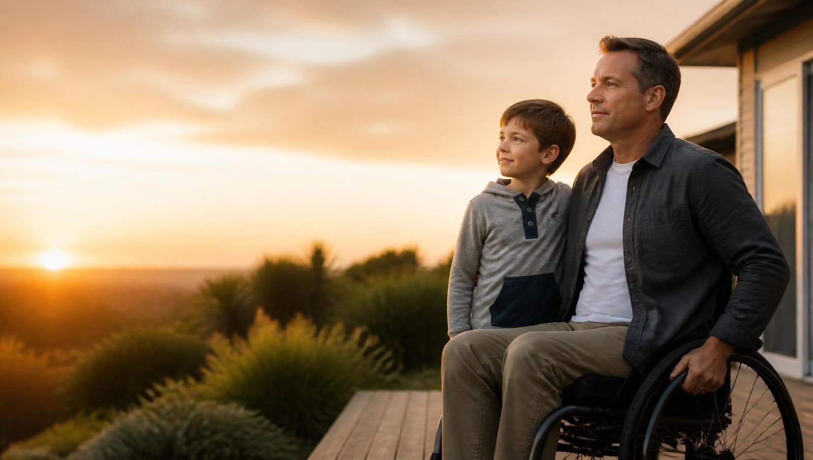 A New Zealand father in a wheelchair with his young son on the deck of a suburban home at sunset