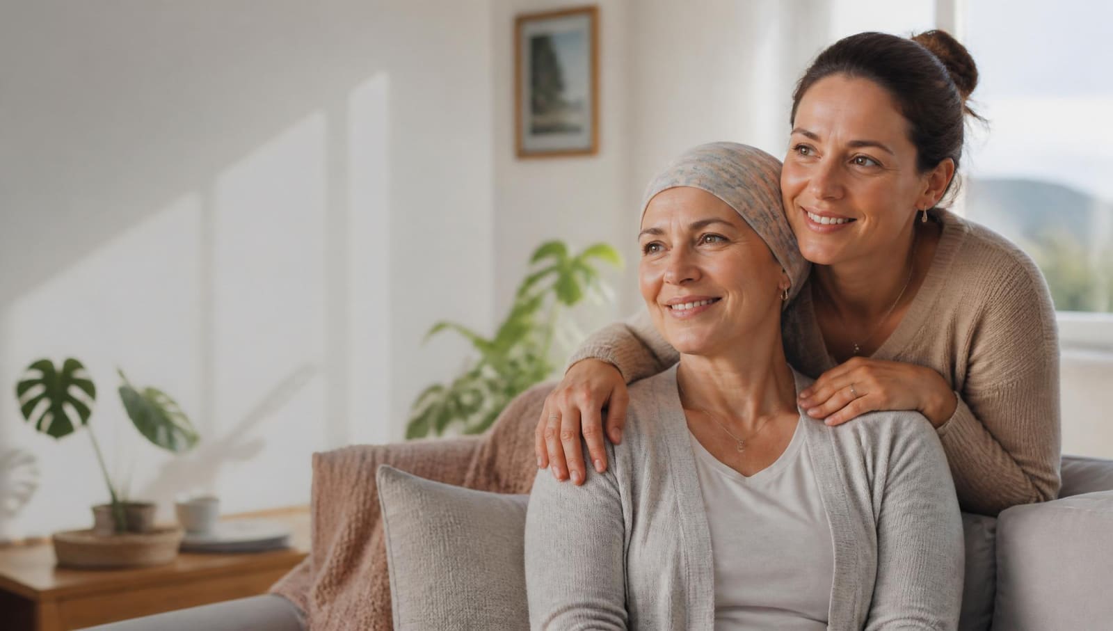 A New Zealand woman recovering from serious illness at home, being hugged by her adult daughter